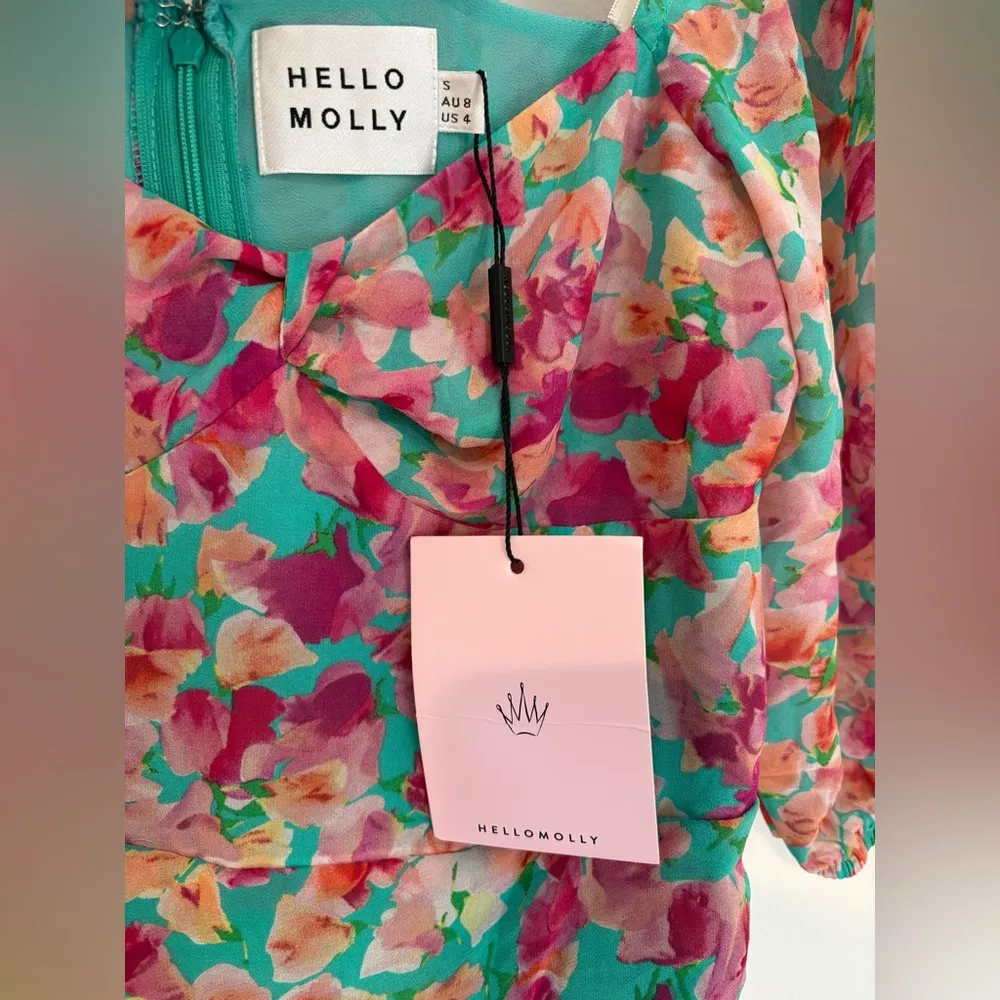 Hello Molly Vivid Lights Dress Floral Mini Ruching Puffy Sleeves Size Small NWT - Image 4