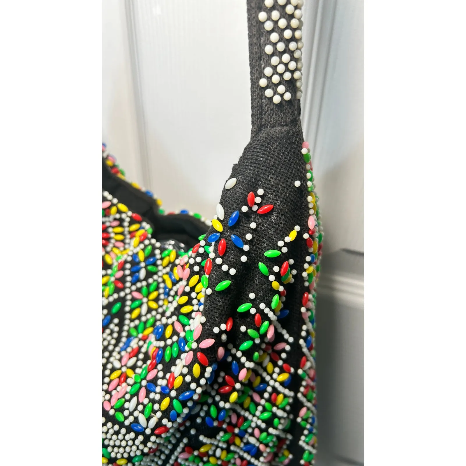 Vintage Boho Beaded Shoulder Bag Multi Color Flower 70's Fringe Festival Bag Black - Image 6