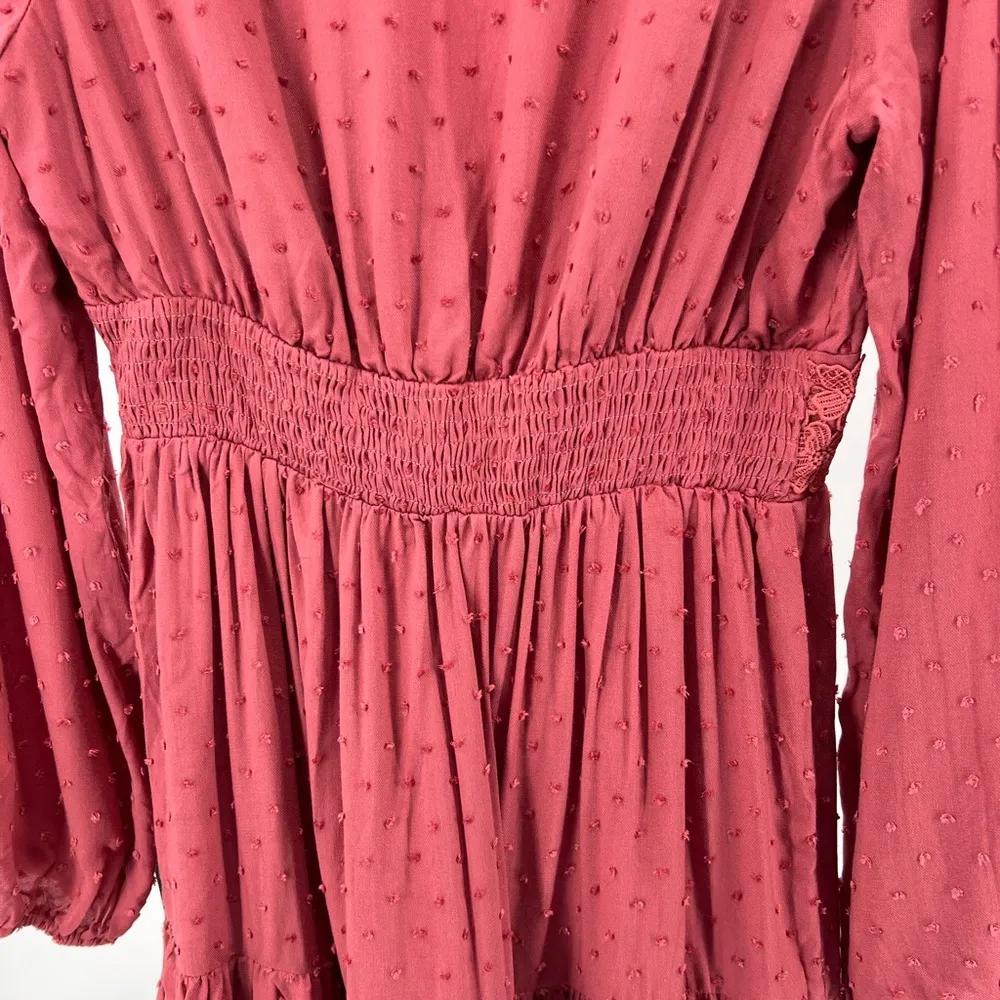 Lulus rayon Swiss dot deep v-neck tiered mini dress dusty rose lace M skater - Image 4