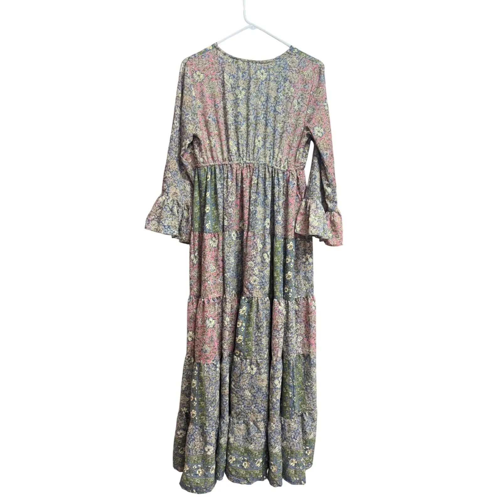 Boemo x Anthropologie Tiered Maxi Dress Floral Print Bell Sleeve Boho Size M Pink Size M - Image 3