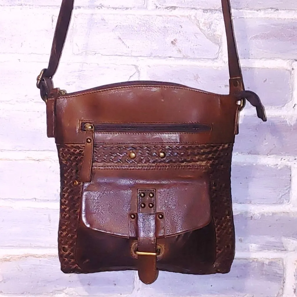 Brown Braided Leather Crossbody Bag Made India Adjustable Front Pocket Buckle - Image 3