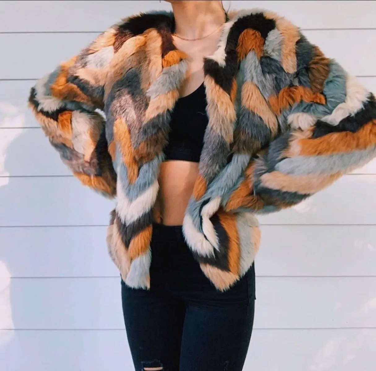 Willow & Clay Chevron Faux Fur Coat - Image 3