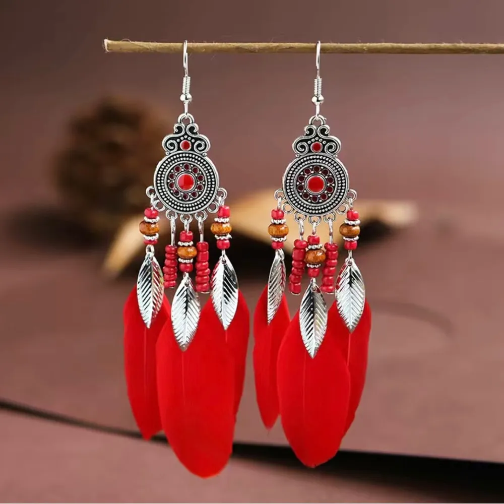 Bohemian Red Feather Tassel Silver Plated Earrings With Rice Beads *Faux Fashio - Image 4