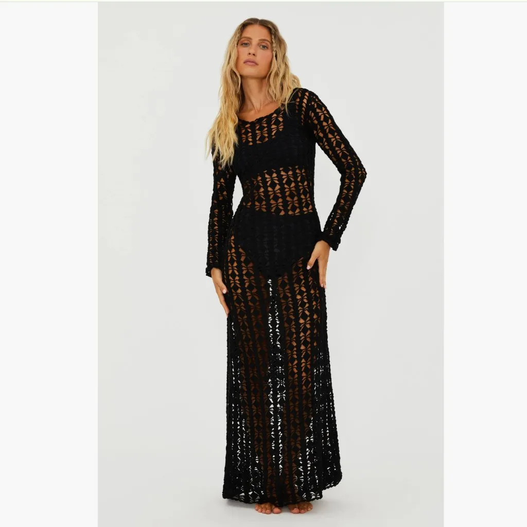 NWT $248 Beach Riot Ariana Long Sleeve Cotton Crochet Cover-Up Dress  BLACK S - Image 3