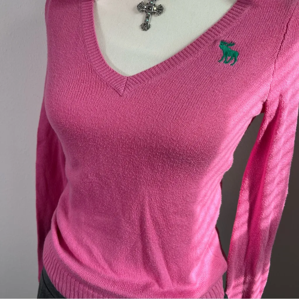 Abercrombie & Fitch Vtg Y2K‎ Pink Green Moose Logo V Knit Sweater Womens Small - Image 3