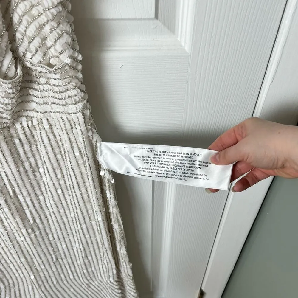 Mac Duggal #10817 White Silver Sequined Spaghetti Strap Scoop Back Gown Pearl 12 - Image 6