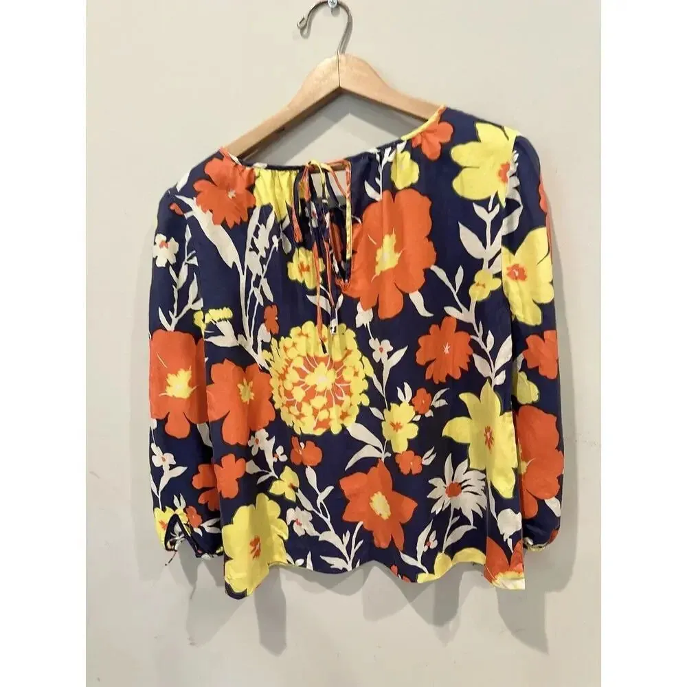 J. Crew Womens 100% Silk Tie Neck Blouse Top Sz 4 Multicolor Floral X0927 Blue - Image 3