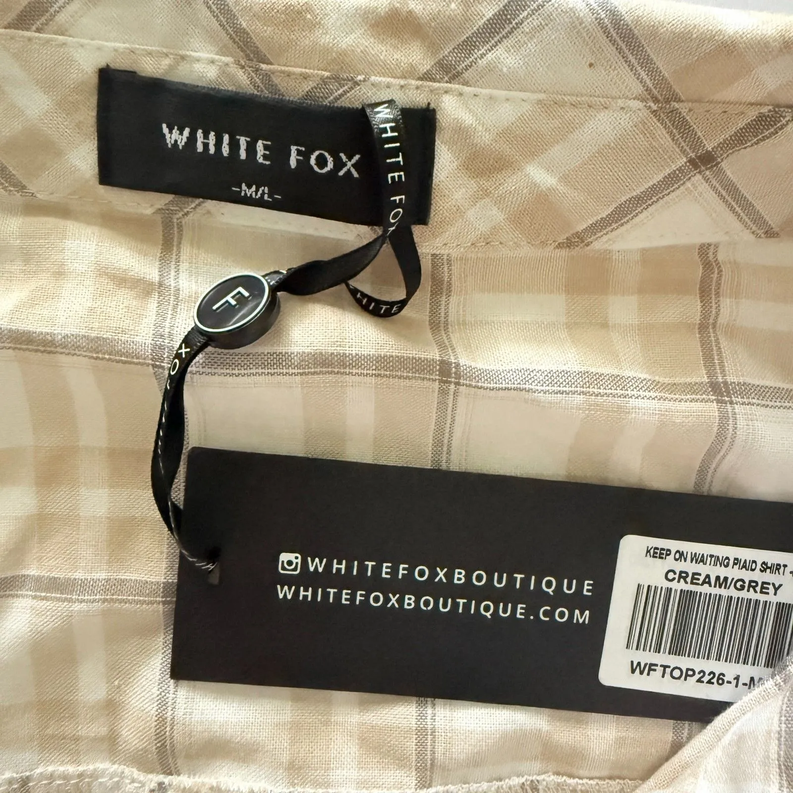 White Fox Keep On Waiting Cream Gray Plaid Cotton Button Relaxed Soft Shirt M/L - Image 4