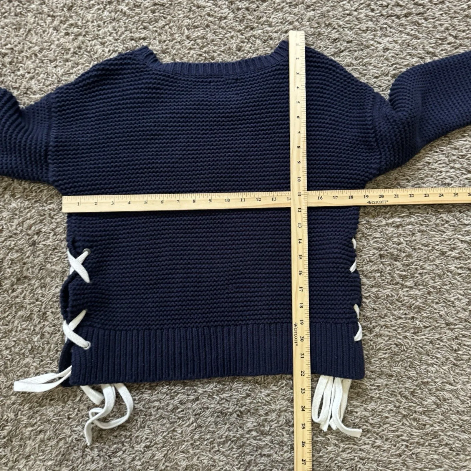 Vintage Abercrombie & Fitch Navy Blue Waffle Weave Tie Sweater Women's Size S - Image 7