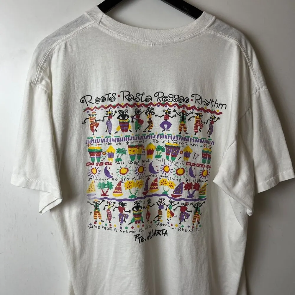 Vintage 90s Puerto Vallarta Roots Rasta T Shirt White Large L - Image 6
