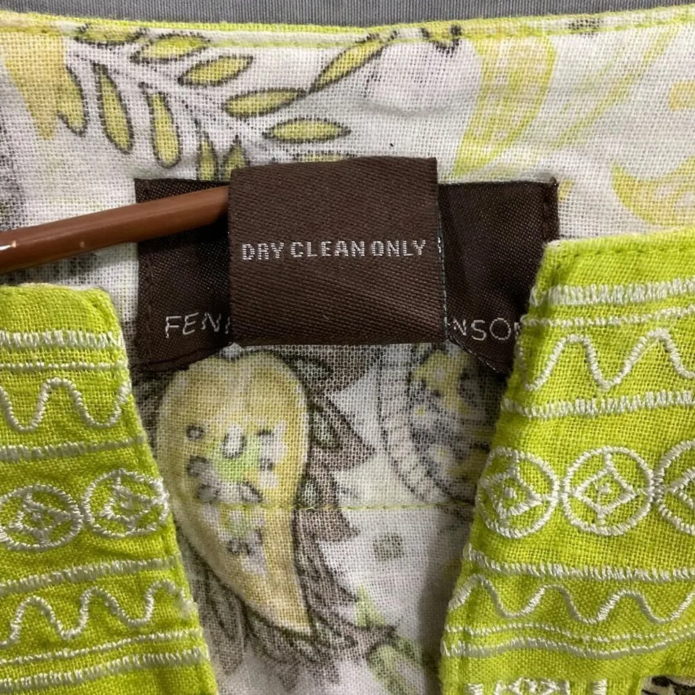 Fenn Wright Manson Linen Sleeveless Paisley Top Large Lime Green Cream & Brown - Image 4