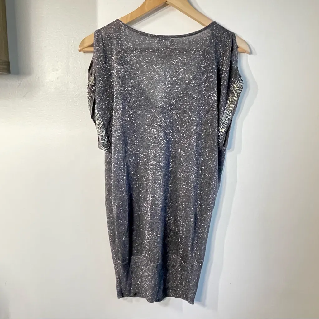 CACHE Blouse Silver Beaded‎ Metallic Cold Shoulder Tunic Sparkly Top Women’s XS - Image 5
