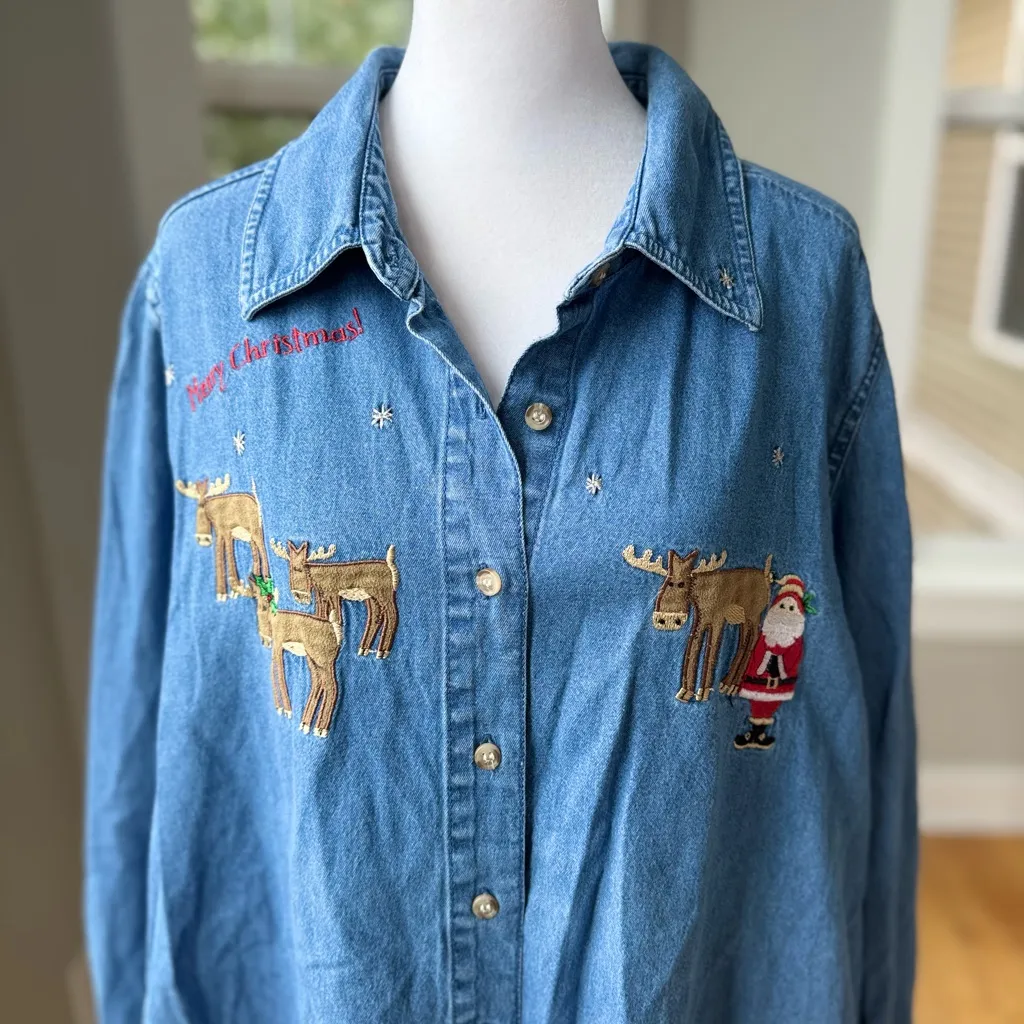 Vintage 90s Denim Embroidered Christmas Theme Jean Shirt Size 2X 18 - Image 2
