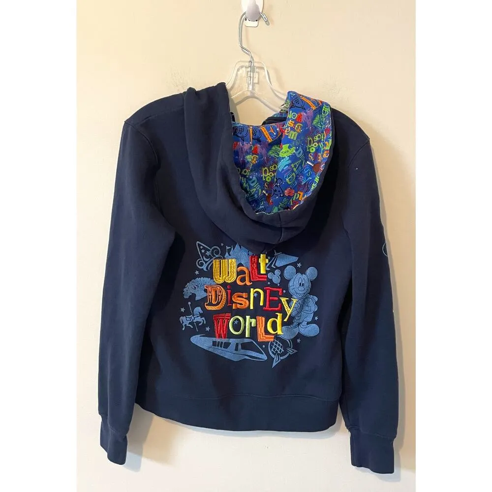 Walt Disney World Park Embroidered Graphic Hoodie Sweatshirt Navy Blue Medium - Image 2