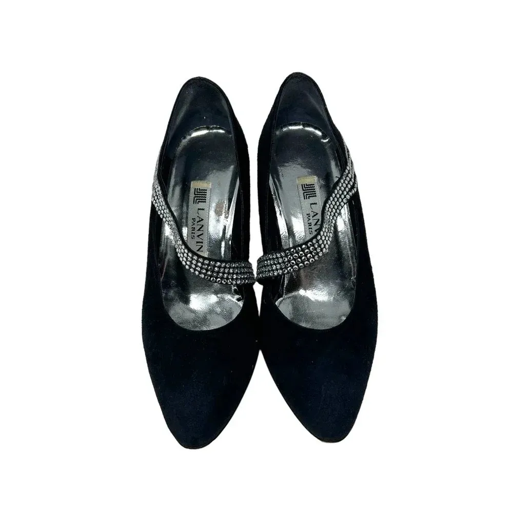 Lanvin Paris Vintage Black Satin Suede Rhinestone Band Bumps Size 35‎ / US 5 - Image 2