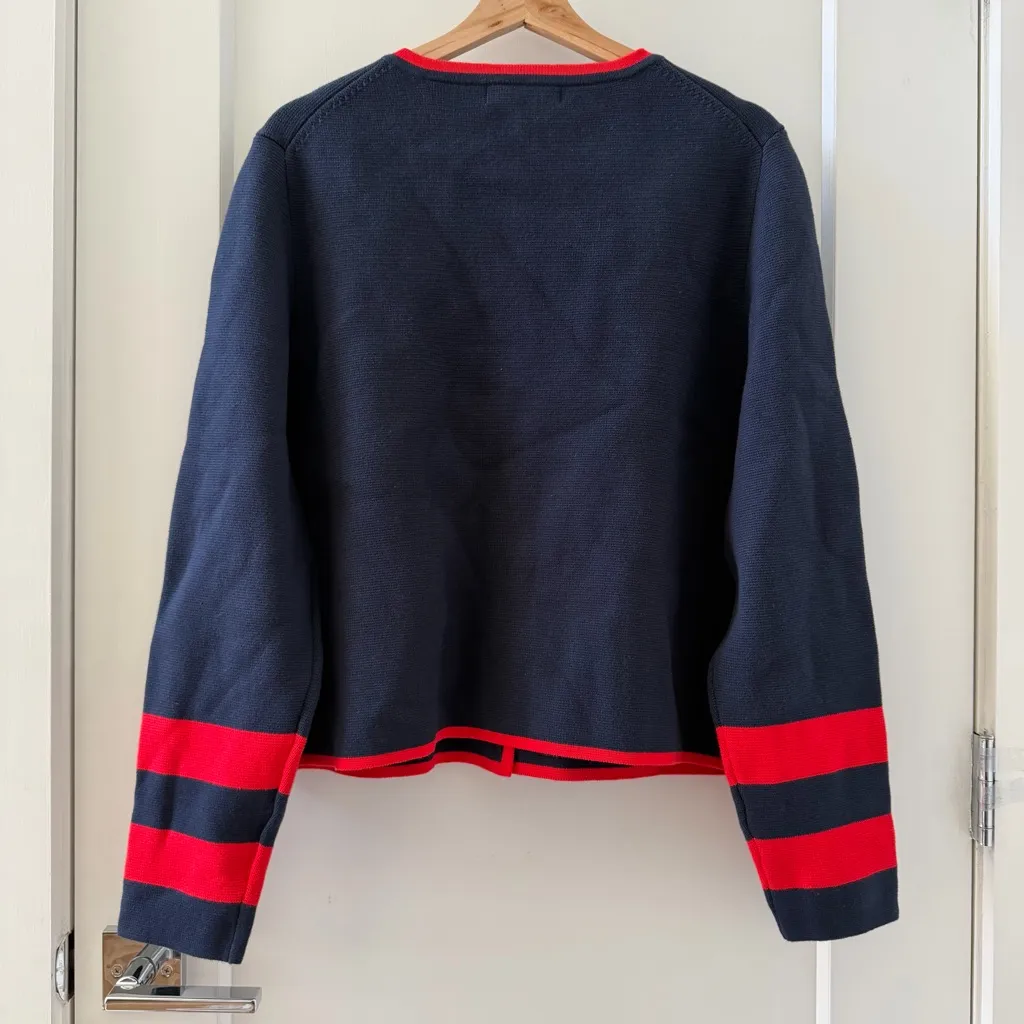 Boden Blue 100% Cotton Holly Knitted Cardigan Navy Red Knitted Size 16 - Image 6