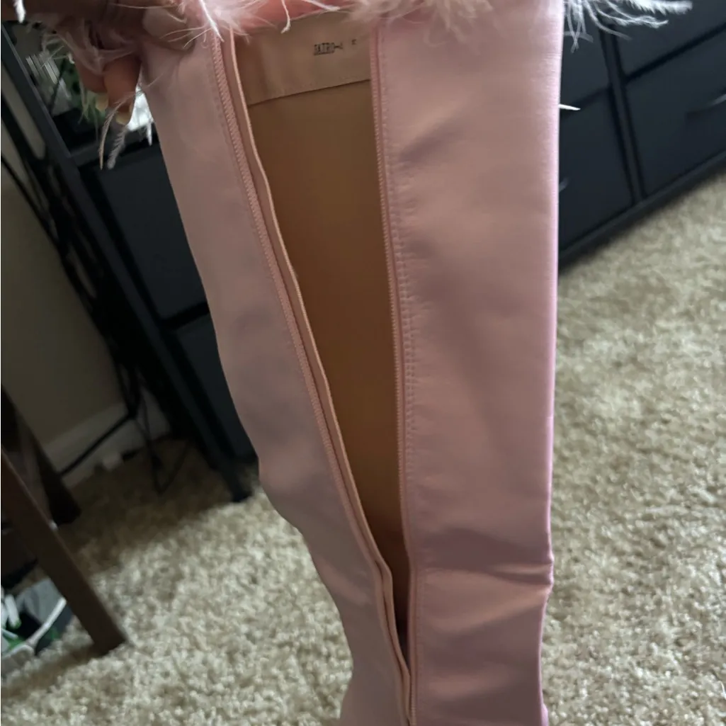 JENSON HEELED BOOTS - PINK KNEE-HIGH SATIN WITH FEATHER TRIM size 5 - Image 4