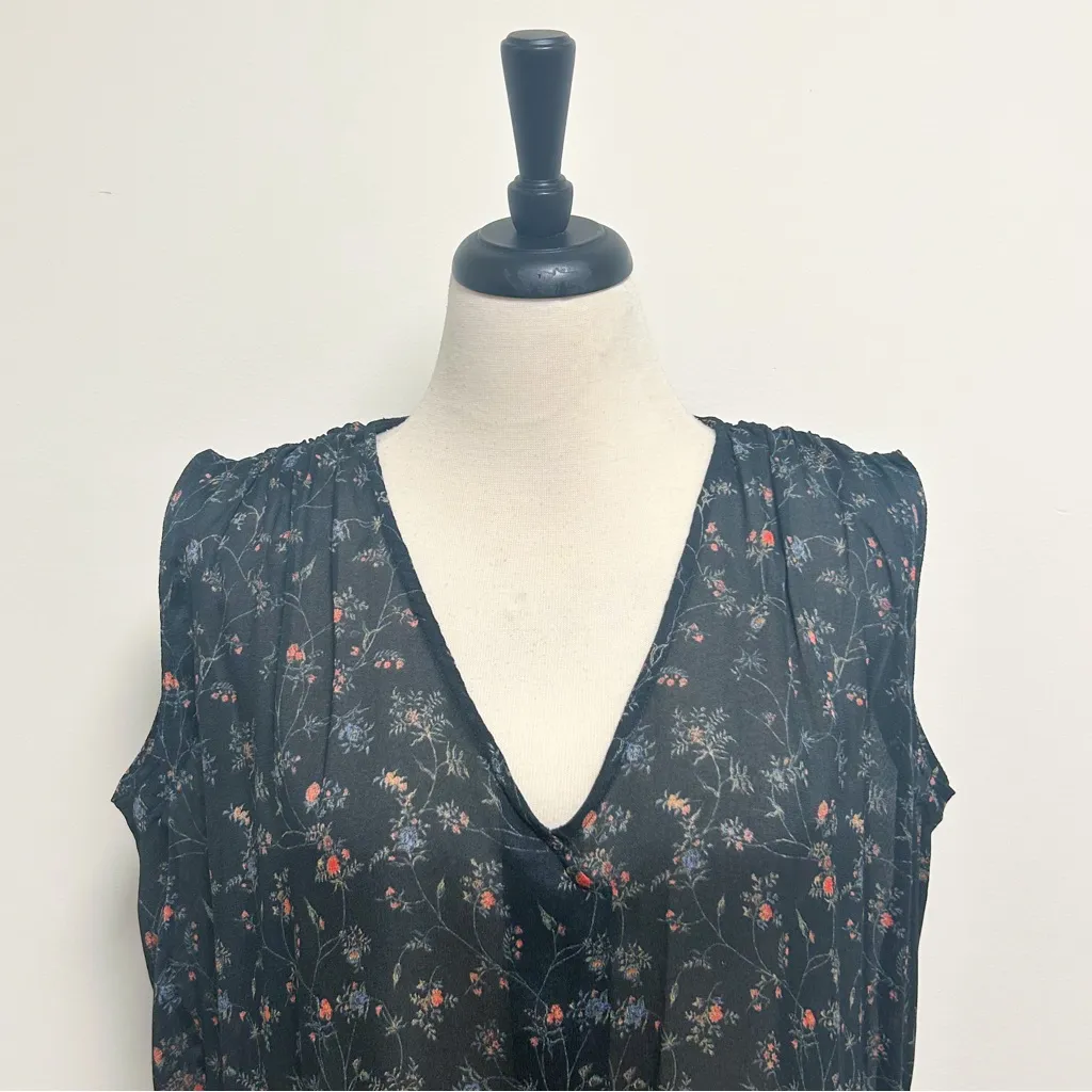 Isabel Marant Black Floral Sheer Silk Blend V Neck Sleeveless Ruched Top 38 - Image 2