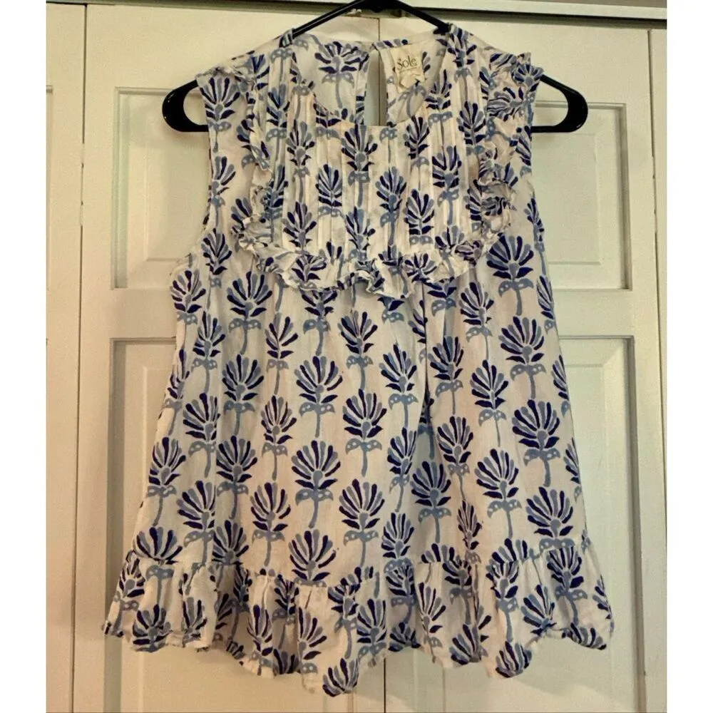 Sole by Mare blue block print ruffled blouse small White - Image 3