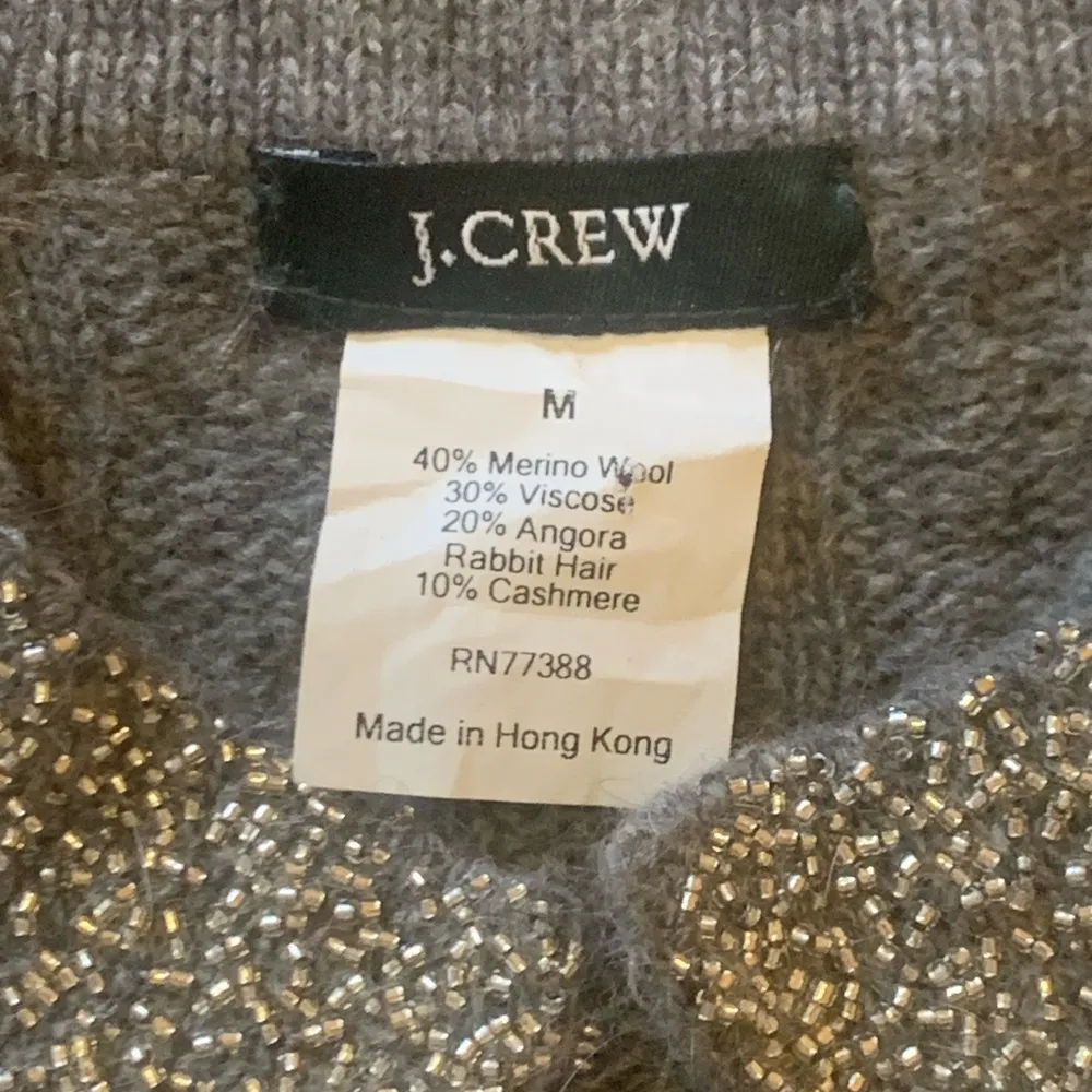 J.Crew Cardigan Medium Gray Beaded Cashmere Wool Angora Blend 3/4 Sleeves Cable - Image 2