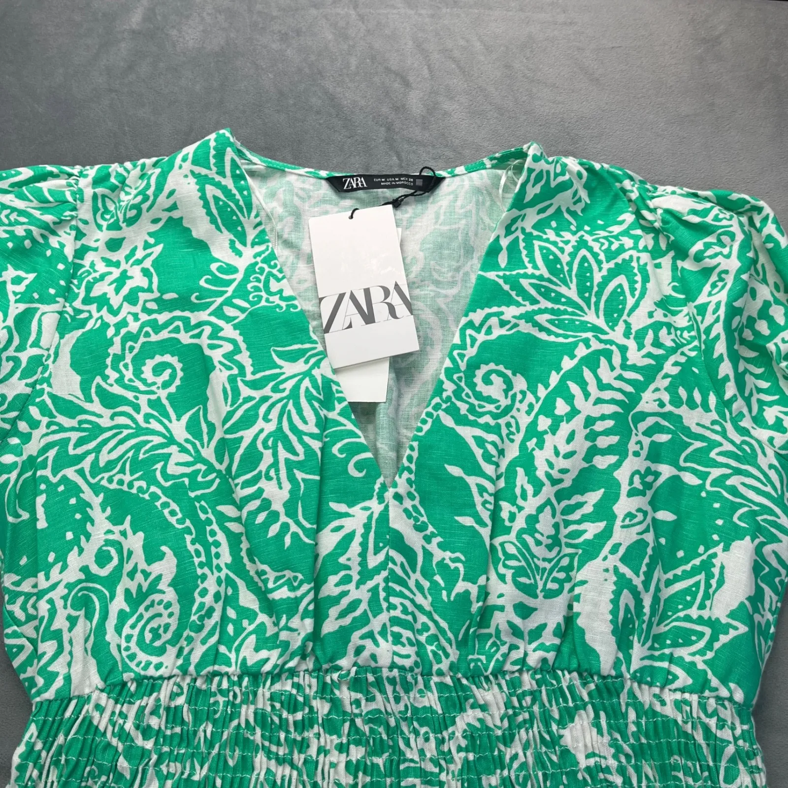 NWT ZARA Green White Paisley Print Lien Blend V Neck Long Sleeve Mini Dress Sz M - Image 4