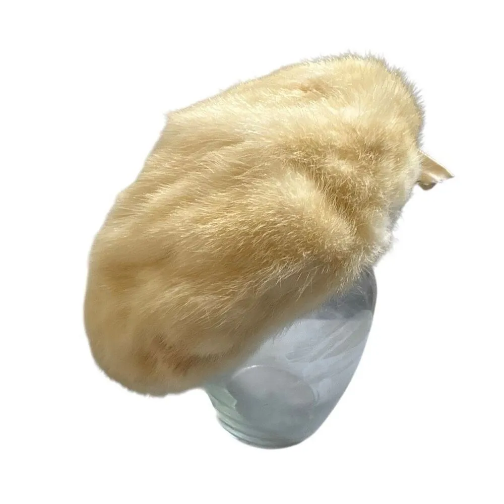 Lord & Taylor Vtg Cream Fur Beret Hat w/Bow and Comb Ski Apres Winter Mod Chic - Image 2