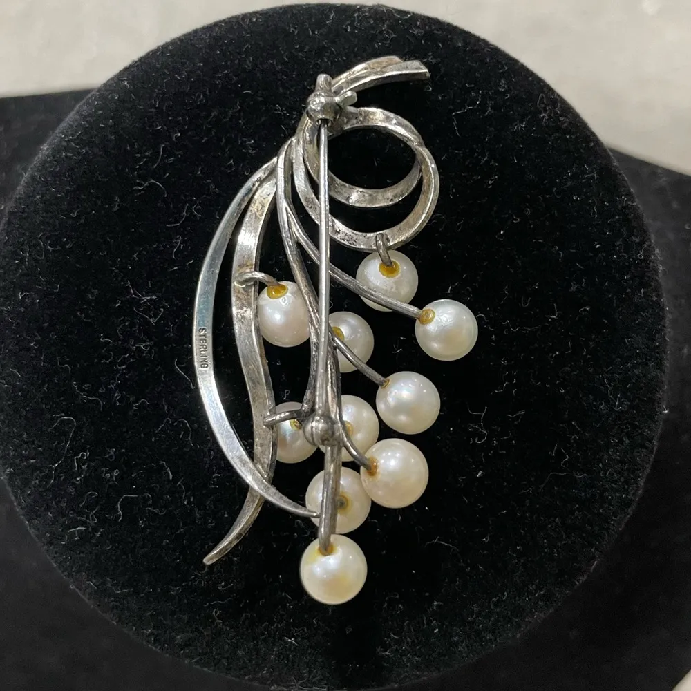 Sterling Silver Pearl Gemstones Brooch Pin 925 MCM Retro Vintage - Image 2