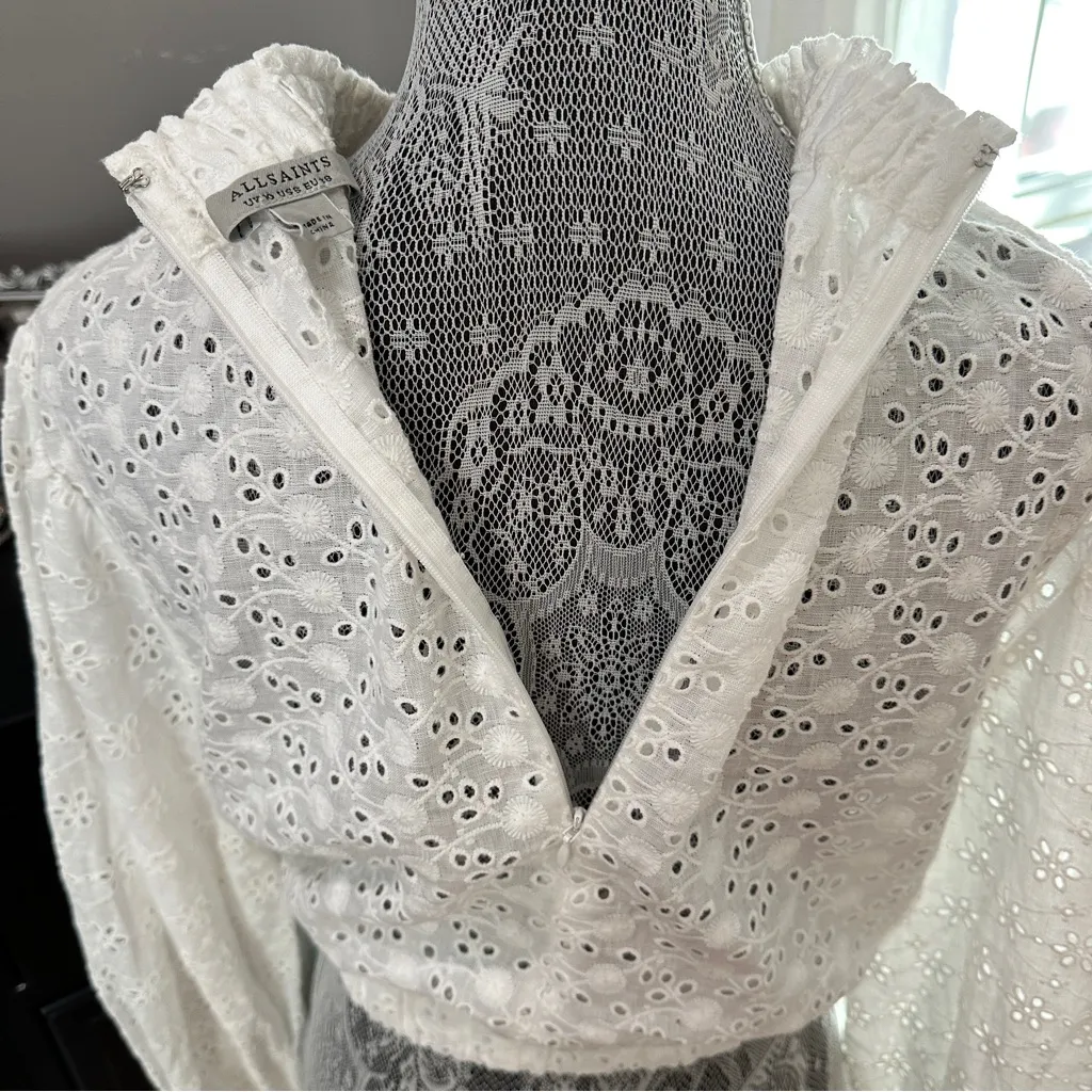 AllSaints Luna Broderie Eyelet Embroidered Linen Cotton Top White Size 6 - Image 9