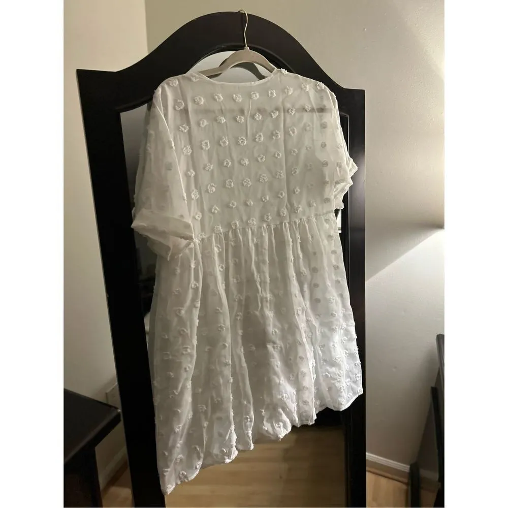 NEW V Neck Chiffon Flowy Swiss Dot Loose Fit Dress S White - Image 3