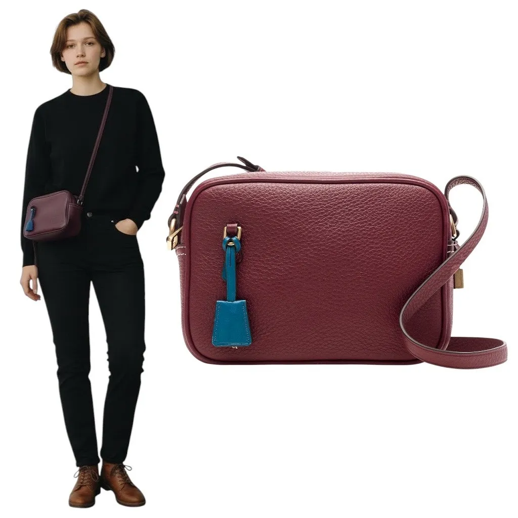 J. Crew Signet Pebble Leather Crossbody Camera Bag Burgundy Red - Image 2