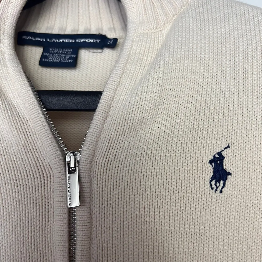 Ralph Lauren Sport Cable Knit Sweater Women Large Zip Up Ivory White Y2K - Image 3