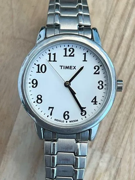 Timex Indiglo Ladies Watch Easy Reader Stainless Stretch Bracelet White Dial - Image 1