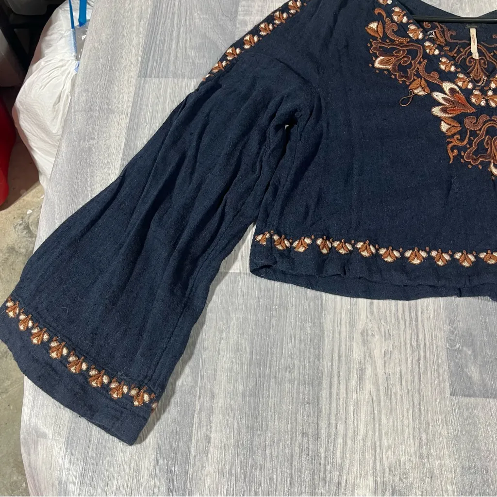 Free People High Times Navy Blue Orange Bronze Embroidery Thread Long Sleeve - Image 4