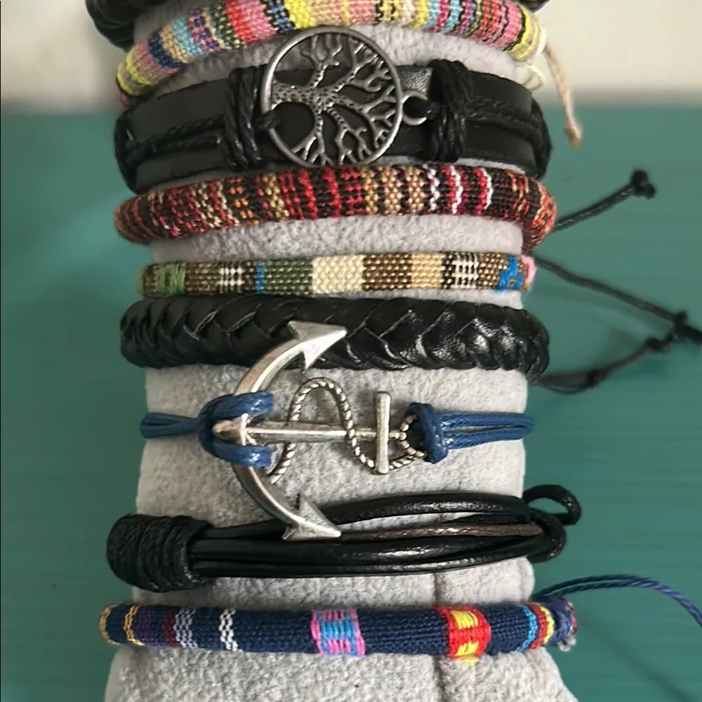 Multicolor Wood Bead Woven Vegan Leather Charm Bohemian Bracelets 13 Piece Set Blue - Image 2