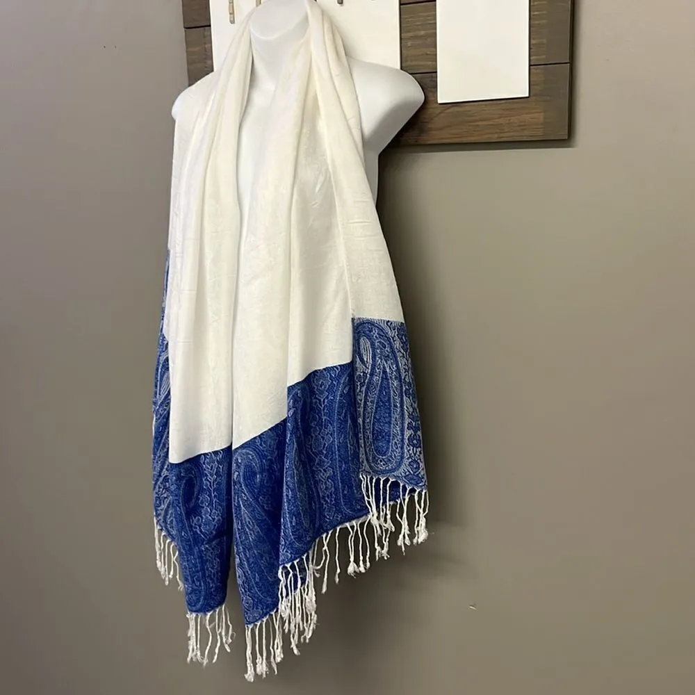 Off-White Cashmere Jacquard Scarf and/or Wrap with Blue Paisley Ends and Tassels - Image 2