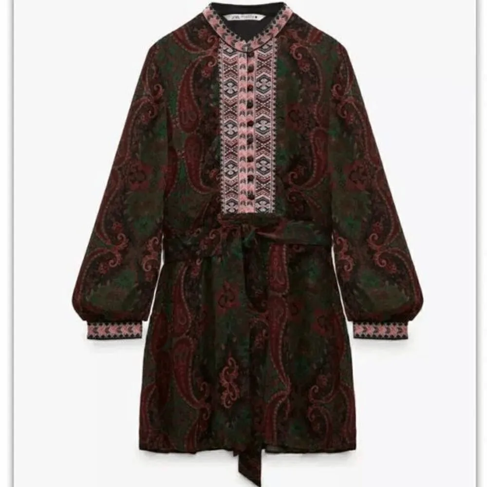ZARA Deep Burgundy Green Boho Jacquard Long Sleeve Ribbon Tie Dress L NWT - Image 12