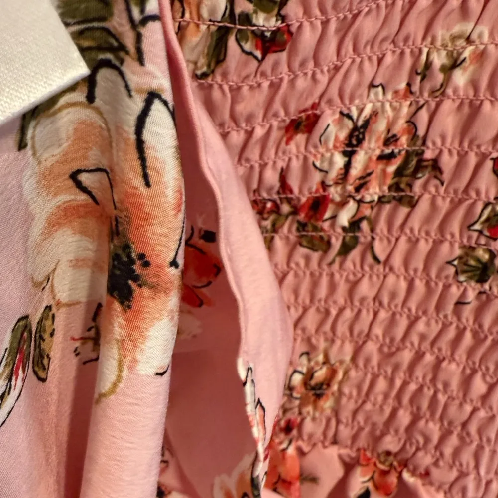 Pink Floral Ruffle Smocked Tie Large Sweetheart Puff Sleeve Ruffle Hem Dress - Image 14