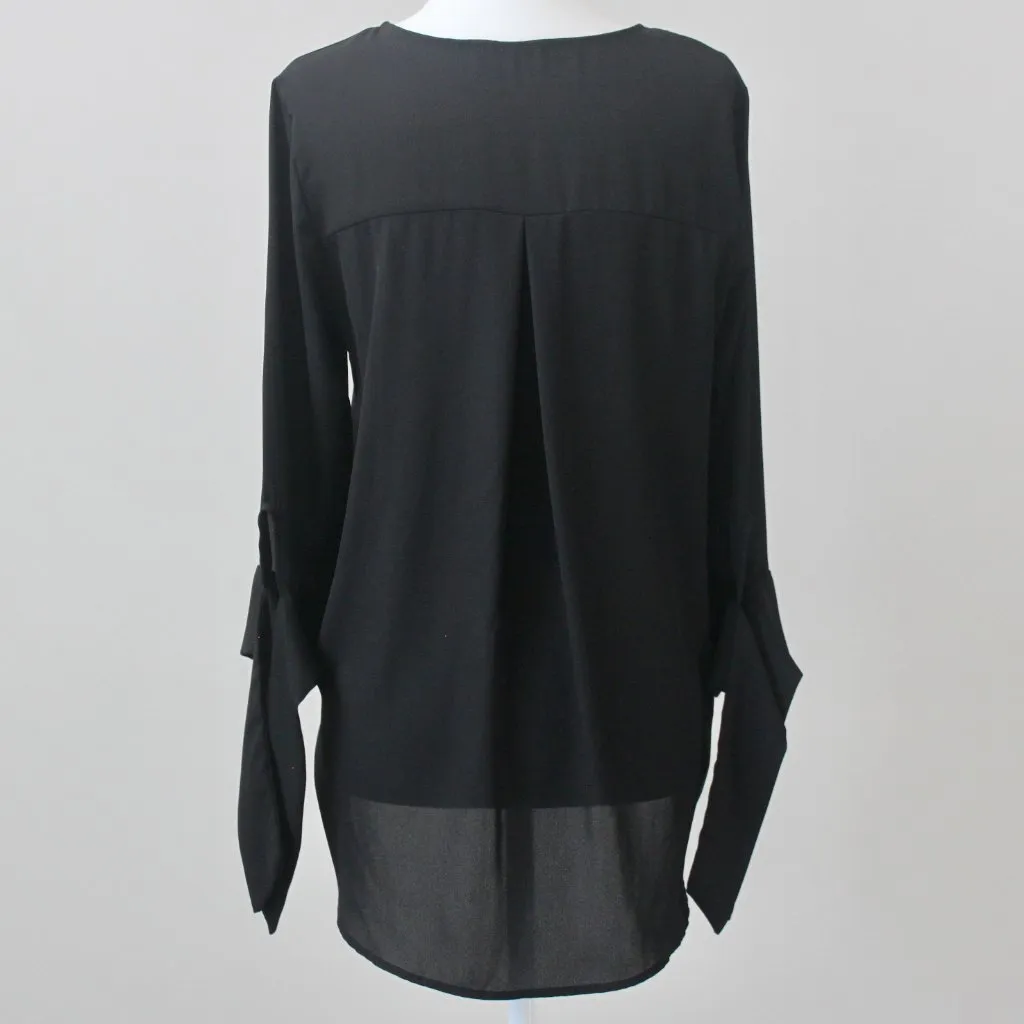 West Kei Black Tie Long-Sleeve Semi-Sheer V-Neck Flowy High-Low Blouse Small - Image 6