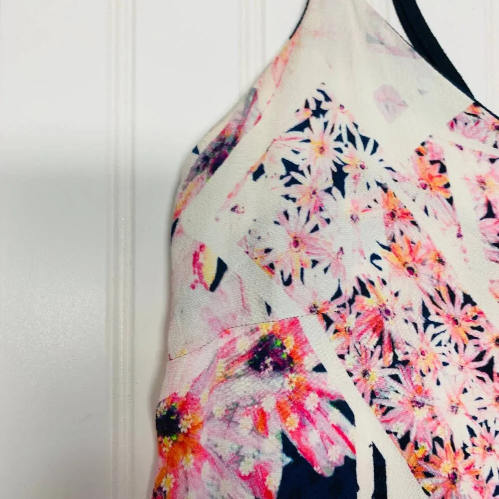 French Connection Floral Pink White Orange w Dark Blue Pleated Trim Sz 2 - Image 3