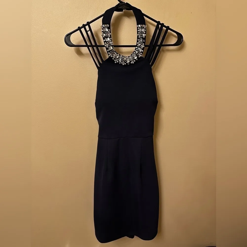 Speechless Navy Blue Formal Mini Dress Rhinestone Neckpiece - Image 5