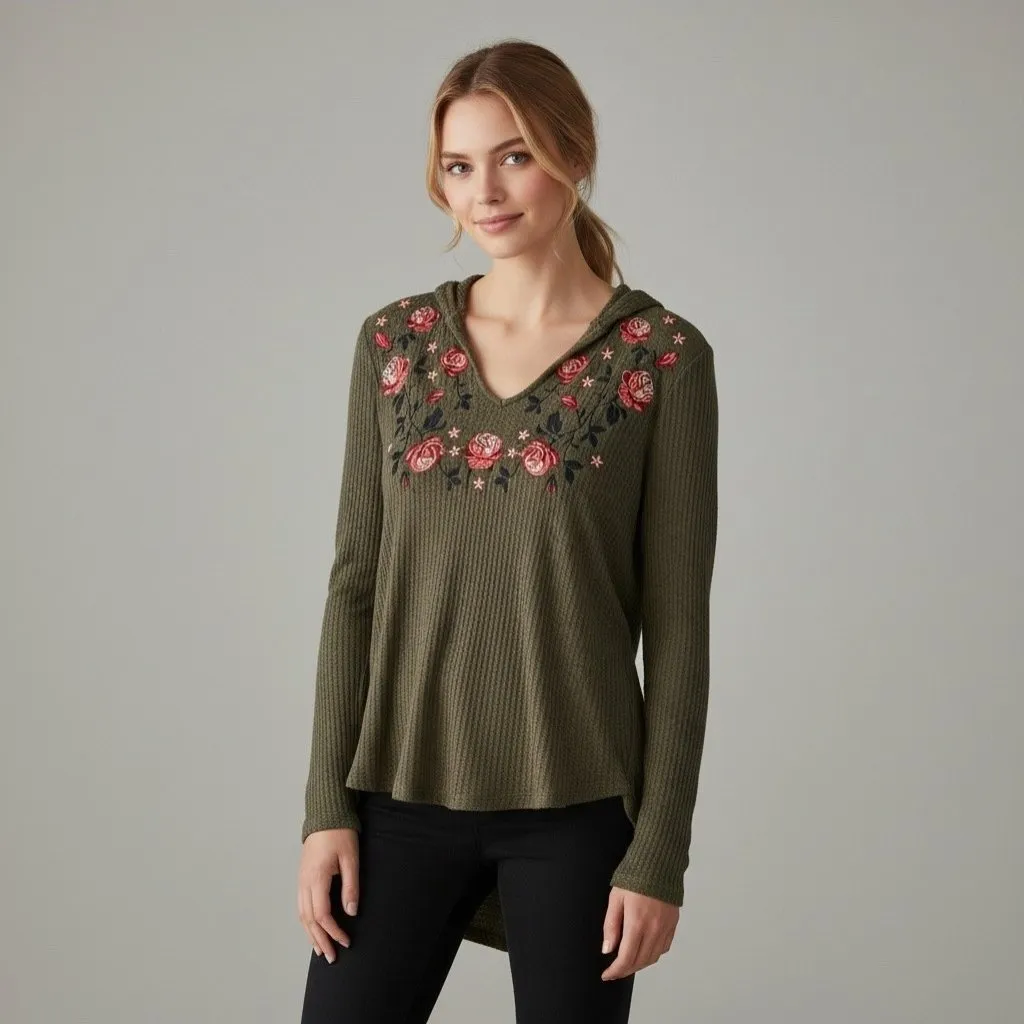 Anthropologie Olive Green Embroidered Floral Waffle Knit Hoodie Size Small - Image 2