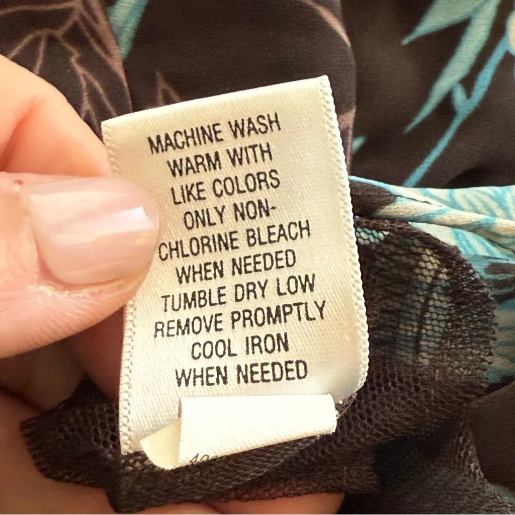 Vtg Y2K Brown Turquoise Blouse Large Bow Babydoll Floral Whimsy Fairy Dainty - Image 8