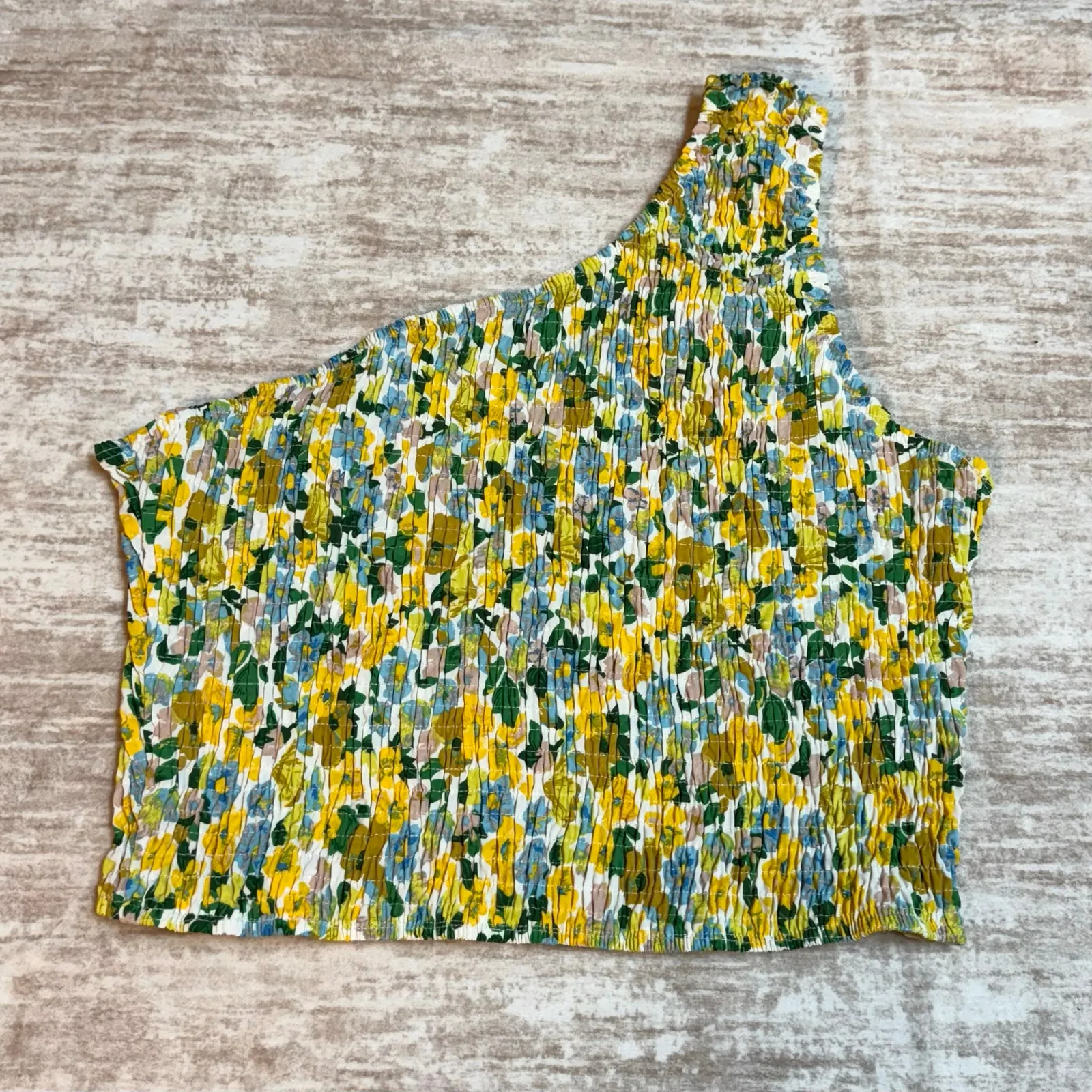 BTFBM Women’s XL Floral 2 Piece Set Midi Skirt One Shoulder Ruched Crop Top Vac Yellow - Image 4