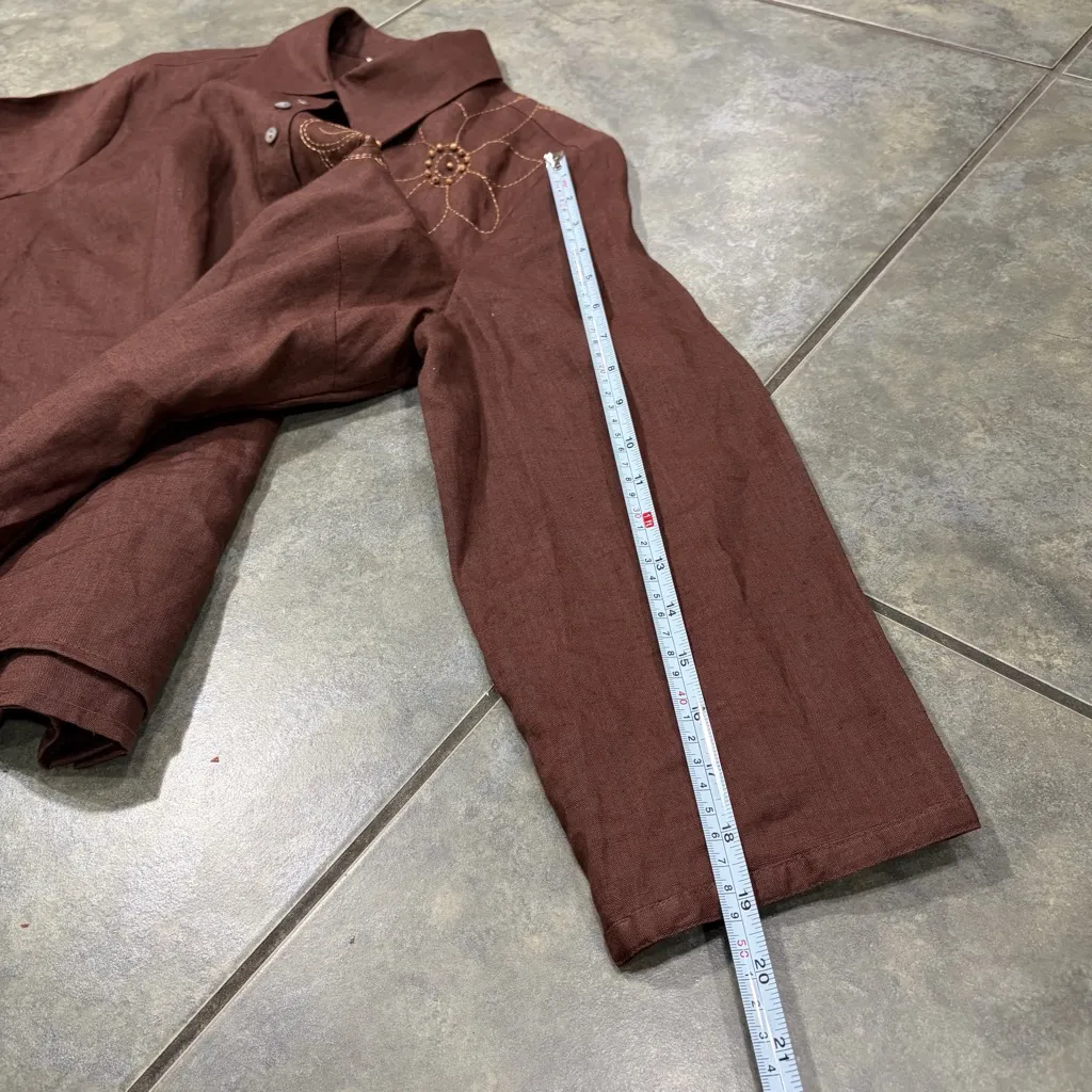 Richard Malcolm 100% Linen Button Down Brown Shirt Sz L Foral Beaded Boho Casual Size L - Image 8