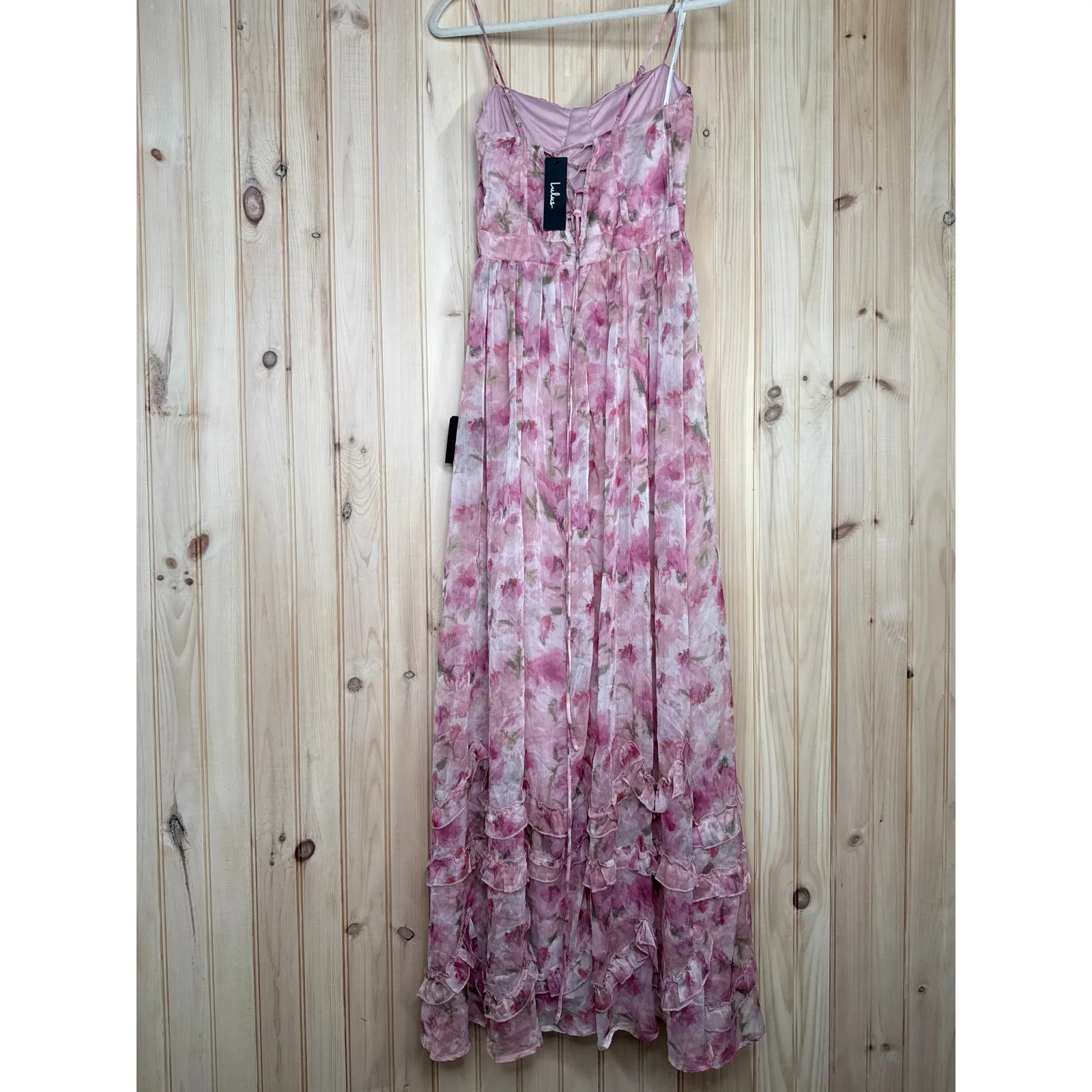 NWT Lulus Novella Pink Floral Ruffled Bustier Lace-Up Maxi Dress Gala Size S - Image 6