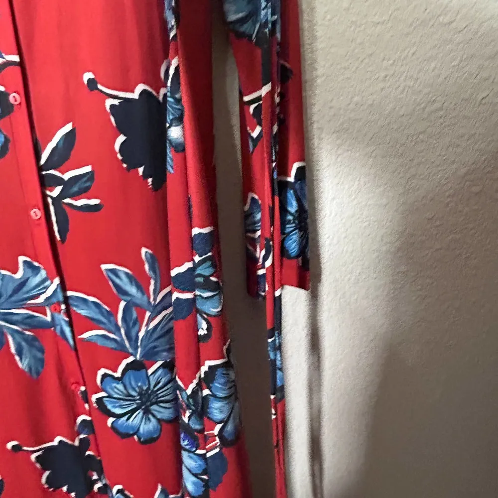 ZARA Button Down Collared Printed Midi Dress Floral Belted Size Large Red Blue - Image 12