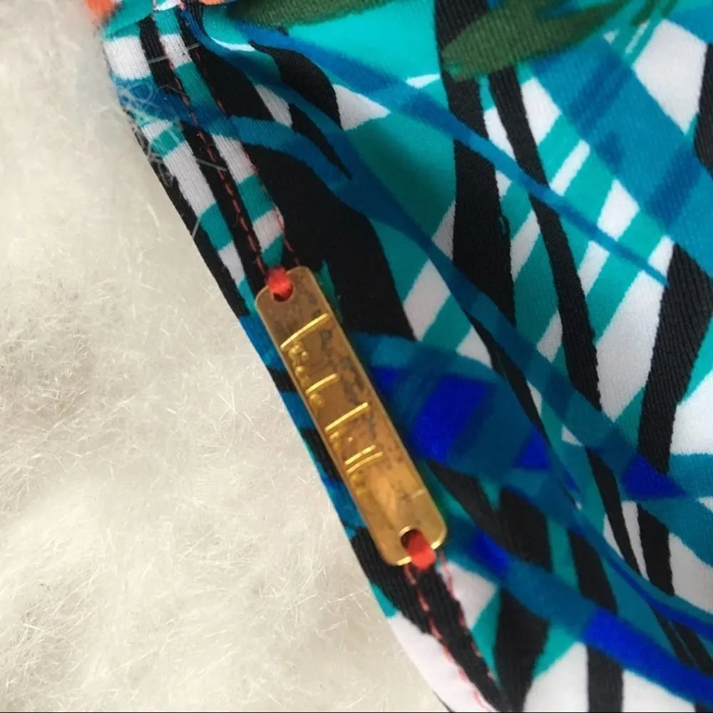 Nicole Miller Bandeau Halter Tie Neck Bikini Top Size 10 Striped Floral Red Blue - Image 3