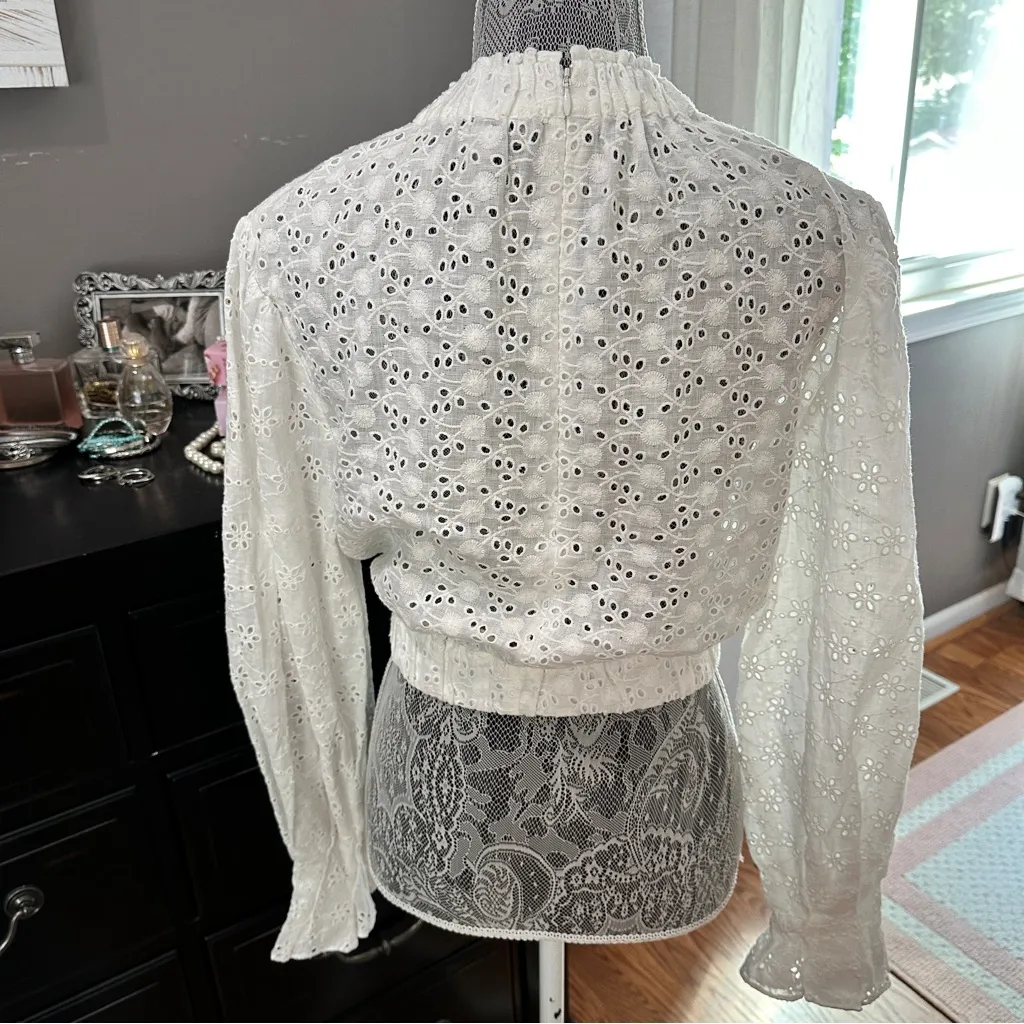 AllSaints Luna Broderie Eyelet Embroidered Linen Cotton Top White Size 6 - Image 7