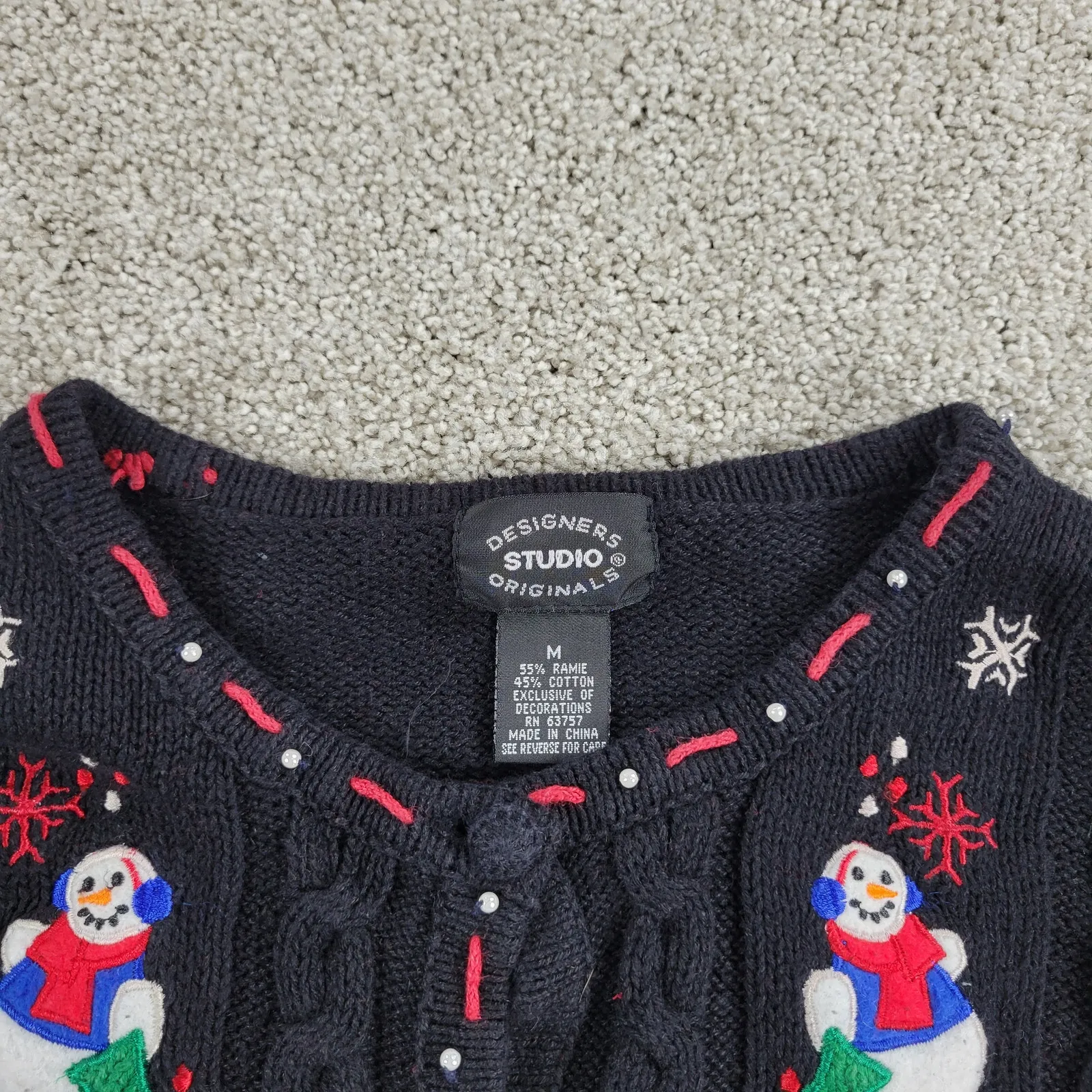 Designers‎ Originals Womens Snowman Sweater M Black Cable Knit Holiday Cardigan Size M - Image 7