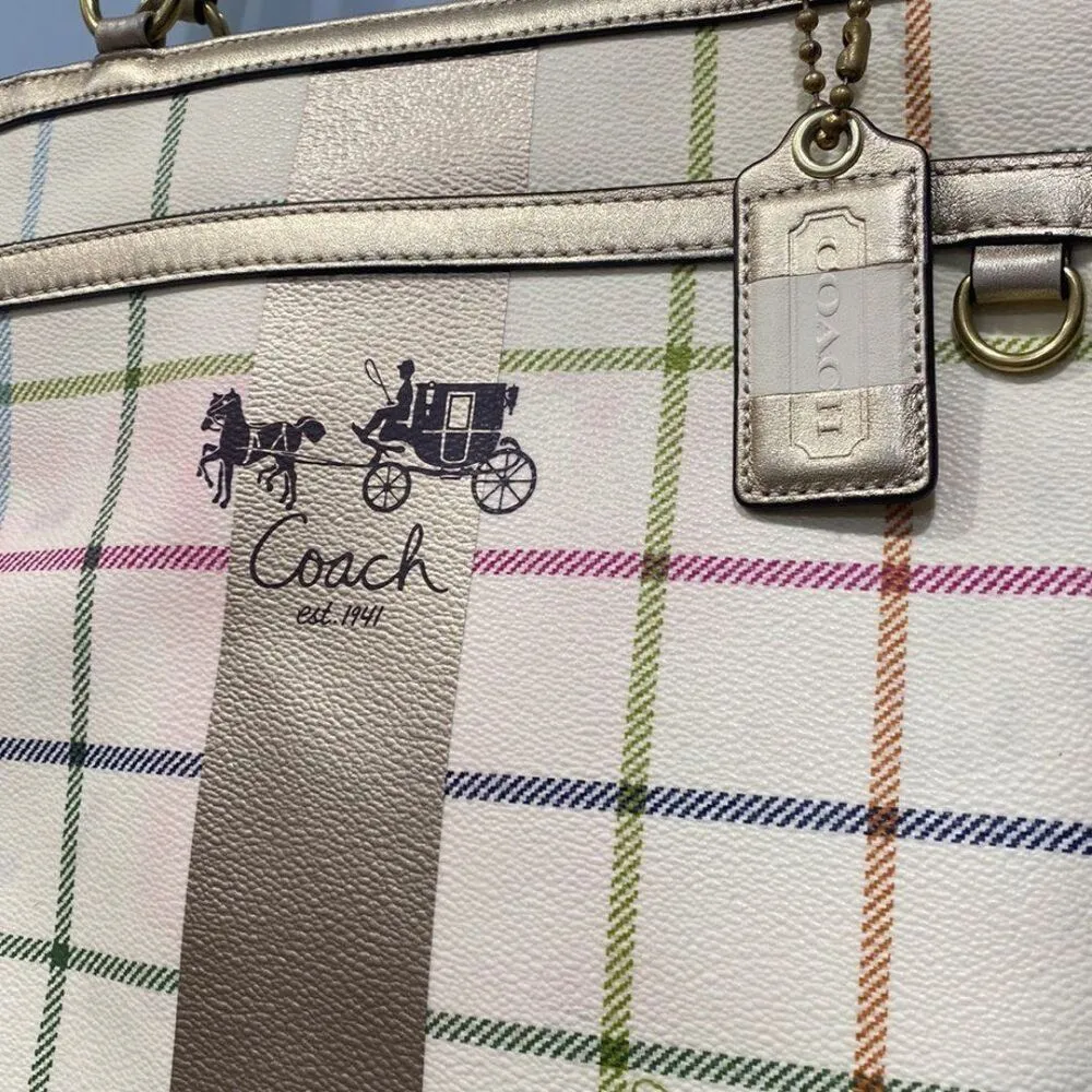 Coach Horse and Carriage Logo Beige Multicolor Checkered Purse Hand Bag - Image 2